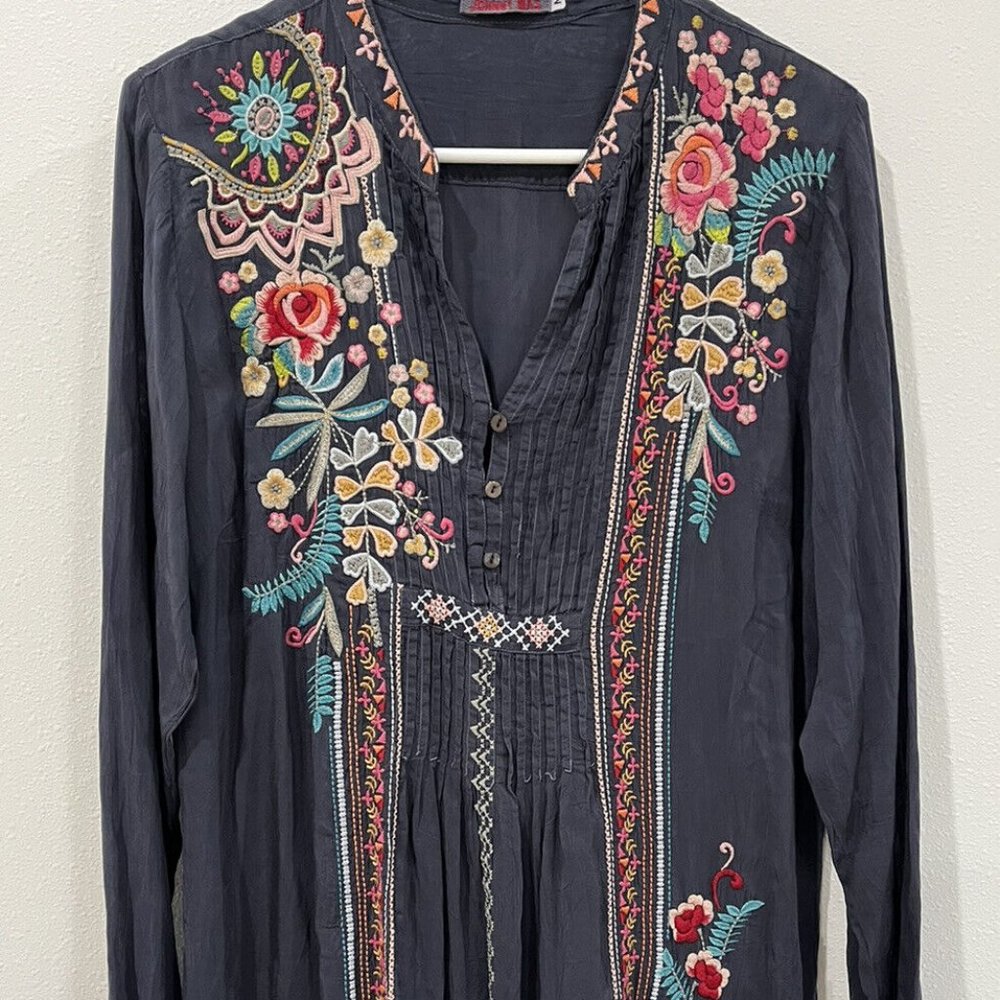 Johnny Was Blue Tunic with Multicolor Embroidery
